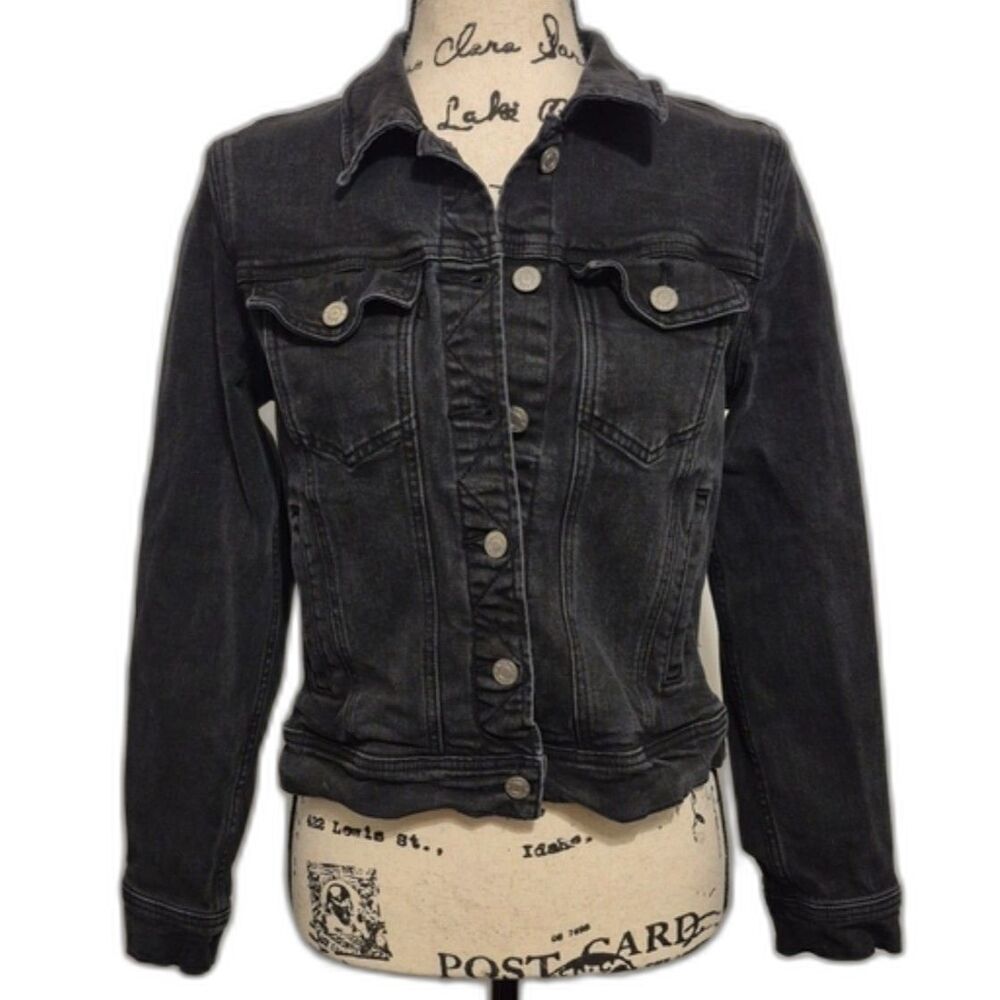 J.Crew Jeans Black Denim Jacket Small Washed Trucker Stretch Jean Grunge Y2K
